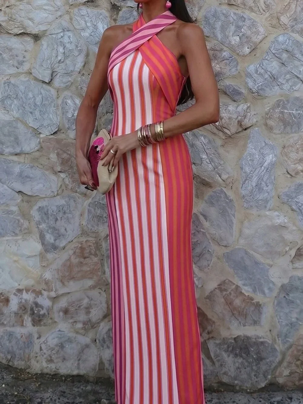 Fuchsia Elegant Women's Multicolor Striped Dress - Picture 3 of 4